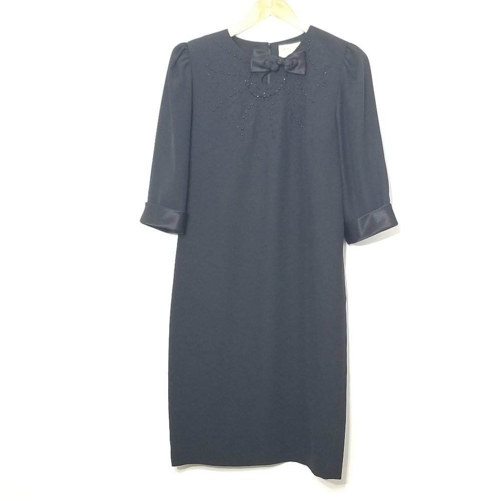 Vintage Simon Chang Black Coquette Elegant Cocktail Dress Beaded Zip Bow